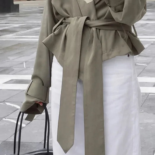 Women's Cropped Trench Coat Lapel Belted Waist Jacket, Loose Fit Drop Shoulder Short Trench