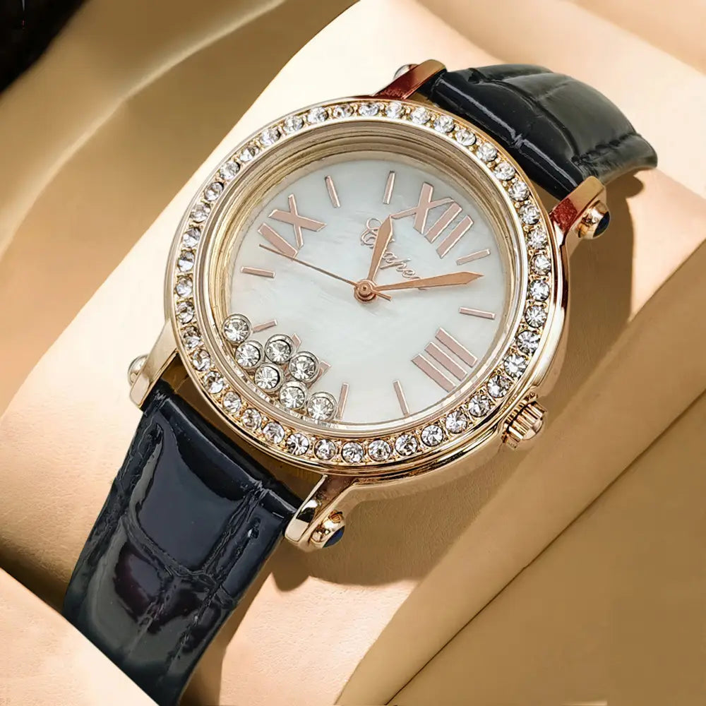 A rose gold Chopard Happy Sport women watch with a white dial, roman numerals, sparkling crystals on the bezel, and a black alligator leather strap for elegant wear.