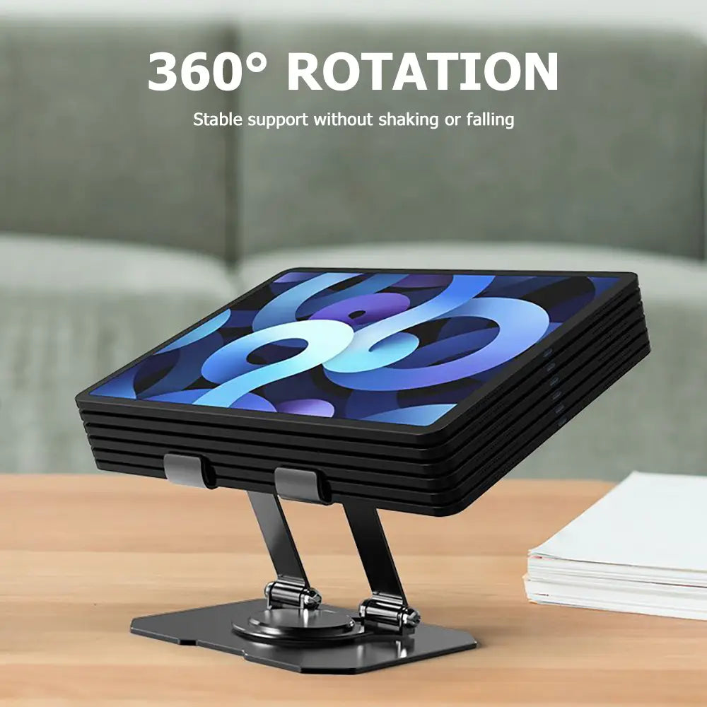 Black rotatable tablet stand with 360-degree rotation, adjustable foldable layered design, and metallic joints for versatile use.
