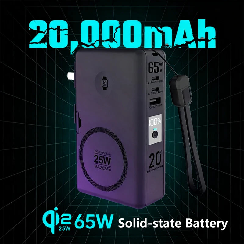 Solid-state Battery 65W GaN USB C Charger Power Bank 20000mAh Qi2.2 25W Magnetic Wireless Fast Charger for iPhone iWatch Airpods