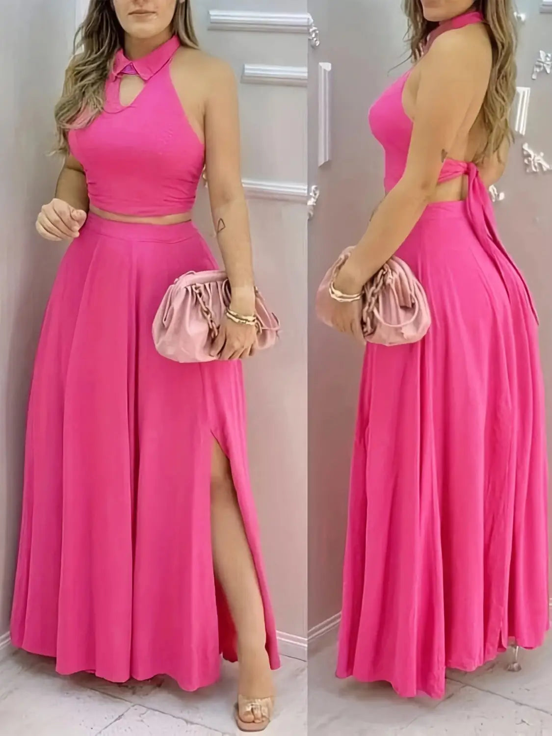 pink satin clutch with gold-tone hardware and drawstring closure complements the pink halter two piece set maxi skirt.