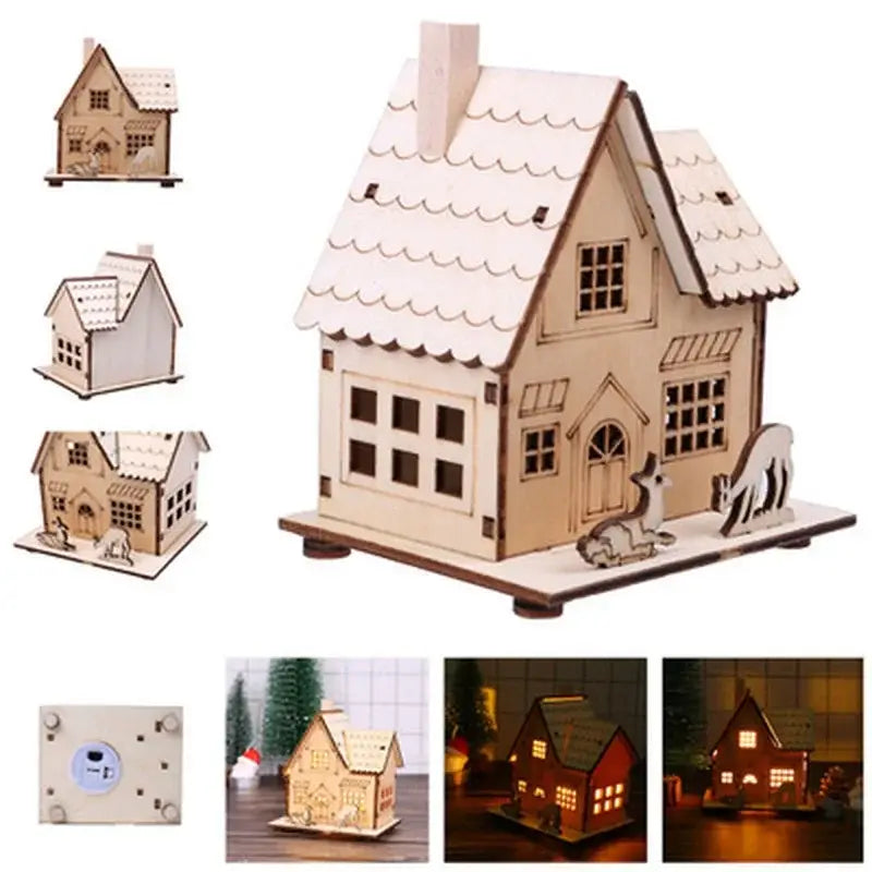 Ornement de sapin de Noël en bois de maison à éclairage, charmant, avec une toiture à bordure festonnée, des fenêtres et des portes détaillées, ainsi que des figures décoratives de cerfs sur le porche, parfait comme cadeau DIY pour la maison ou comme décoration de fenêtre DIY.