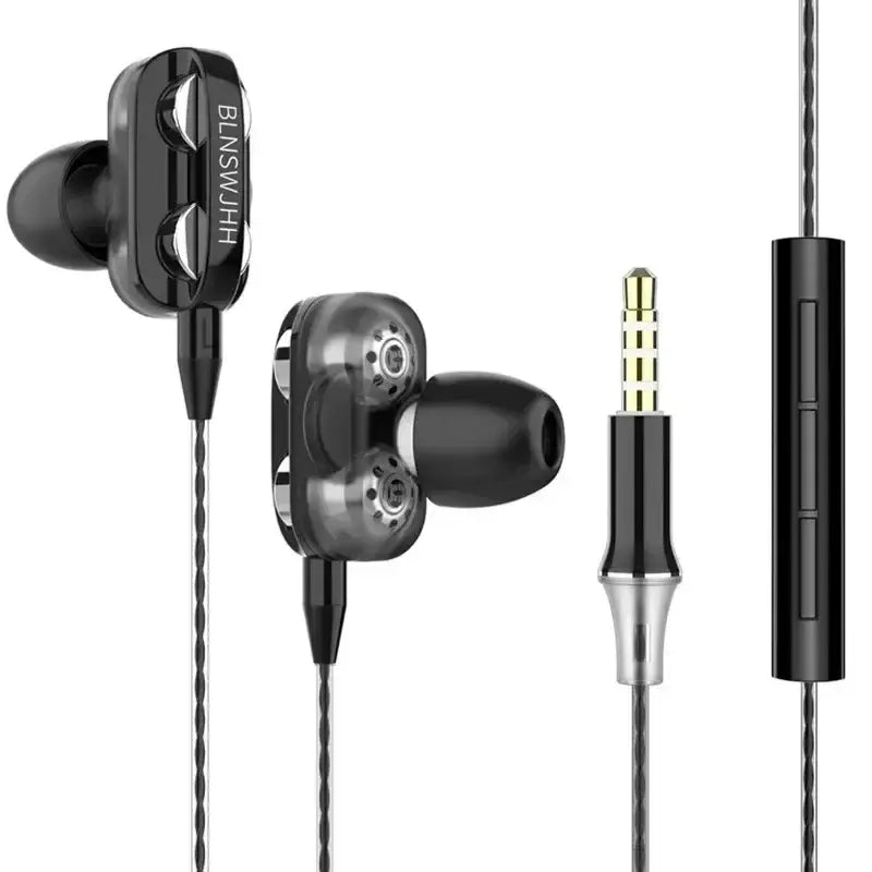 Écouteurs intra-auriculaires cuffie cablate noirs à double haut-parleur, accents métalliques, câble tressé et module de commande en ligne avec microphone pour un audio stéréo de basses.