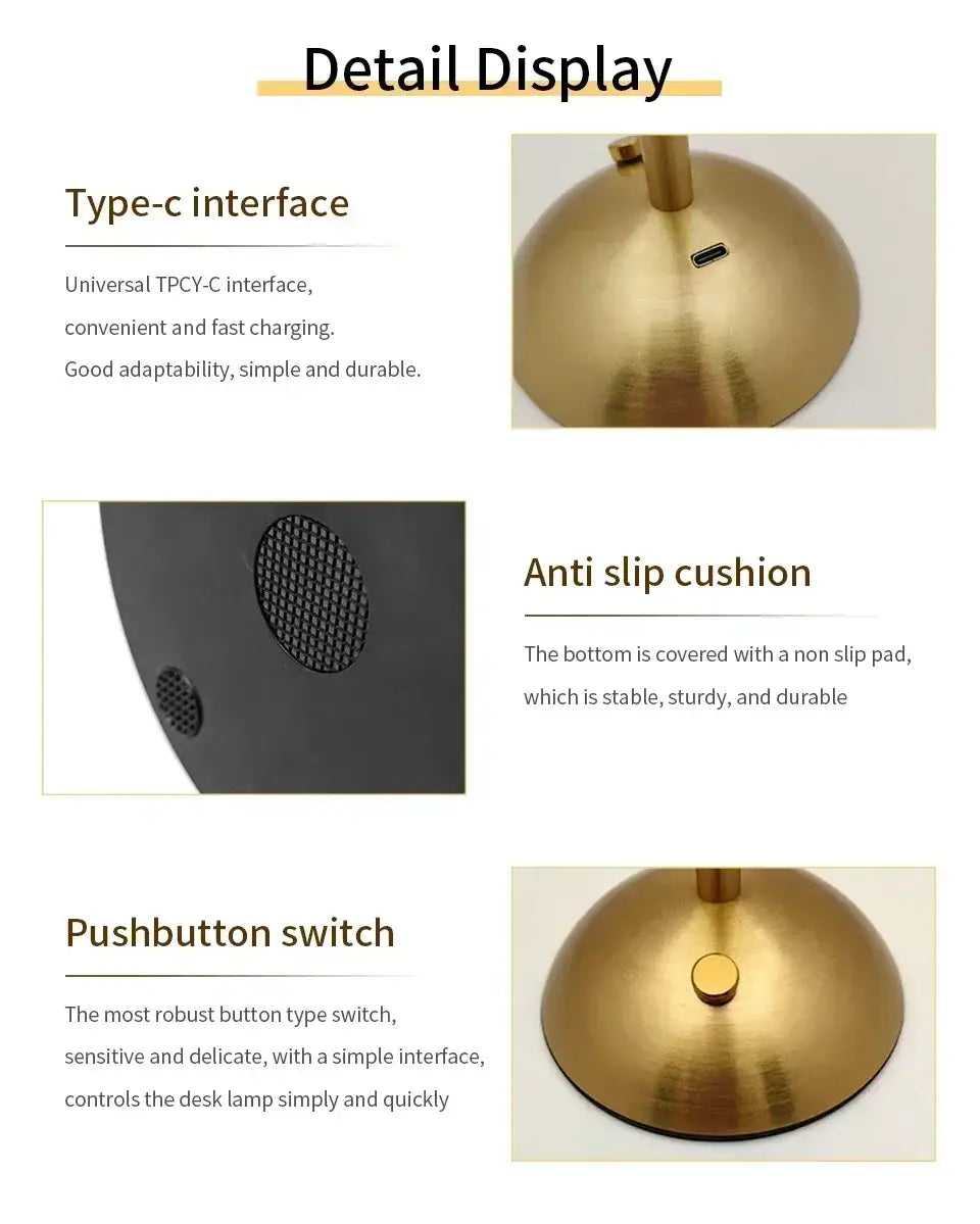Goldfarbene wiederaufladbare Tischlampe mit einer eleganten, kuppelförmigen Basis und einem Type-C-Ladeanschluss als moderne Lichtquelle.