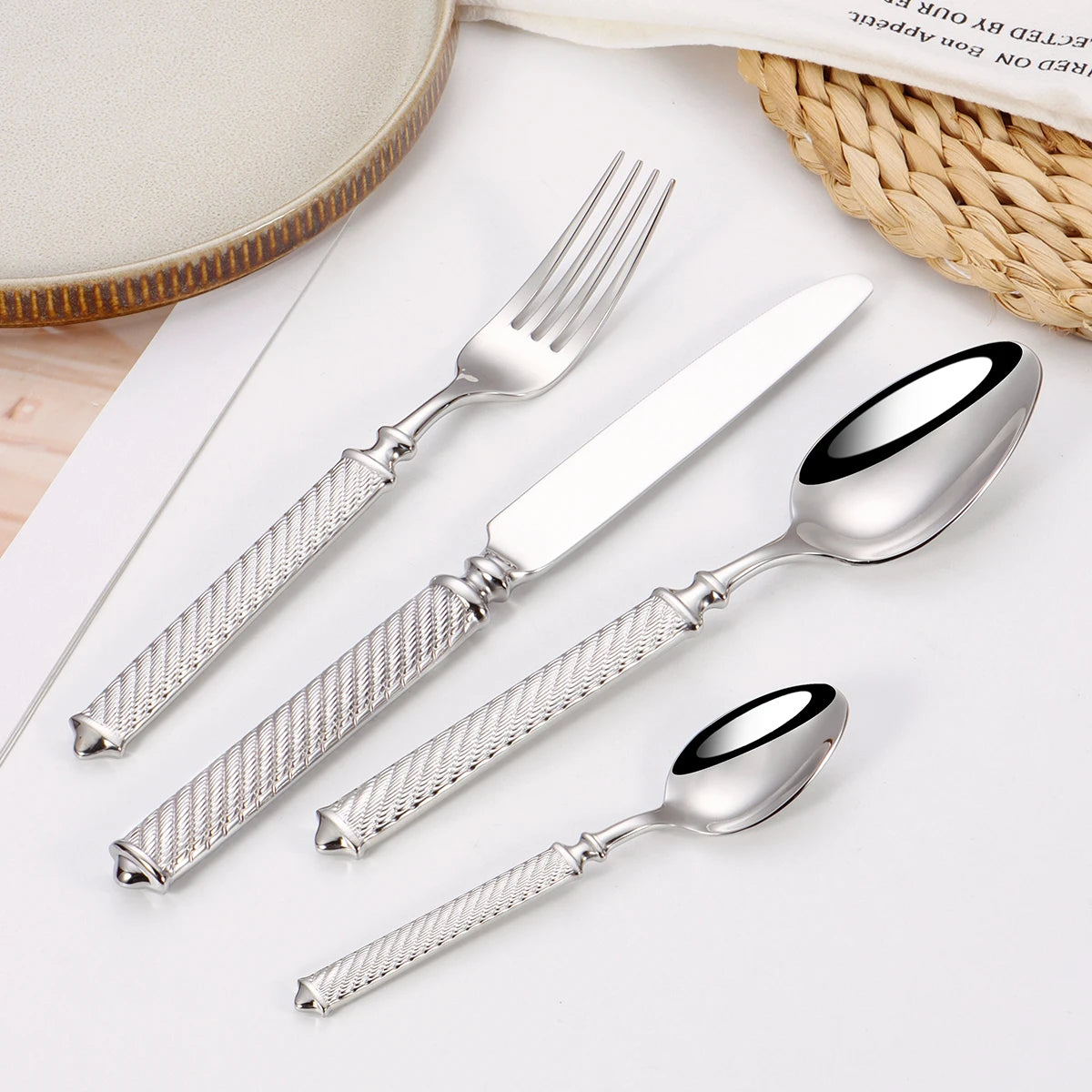 4/6/12/16/20Pcs Sliver Tableware Stainless Steel Cutlery Mirror Double Sided Pattern Handle Fork Mirror Western Gold Dinner Set