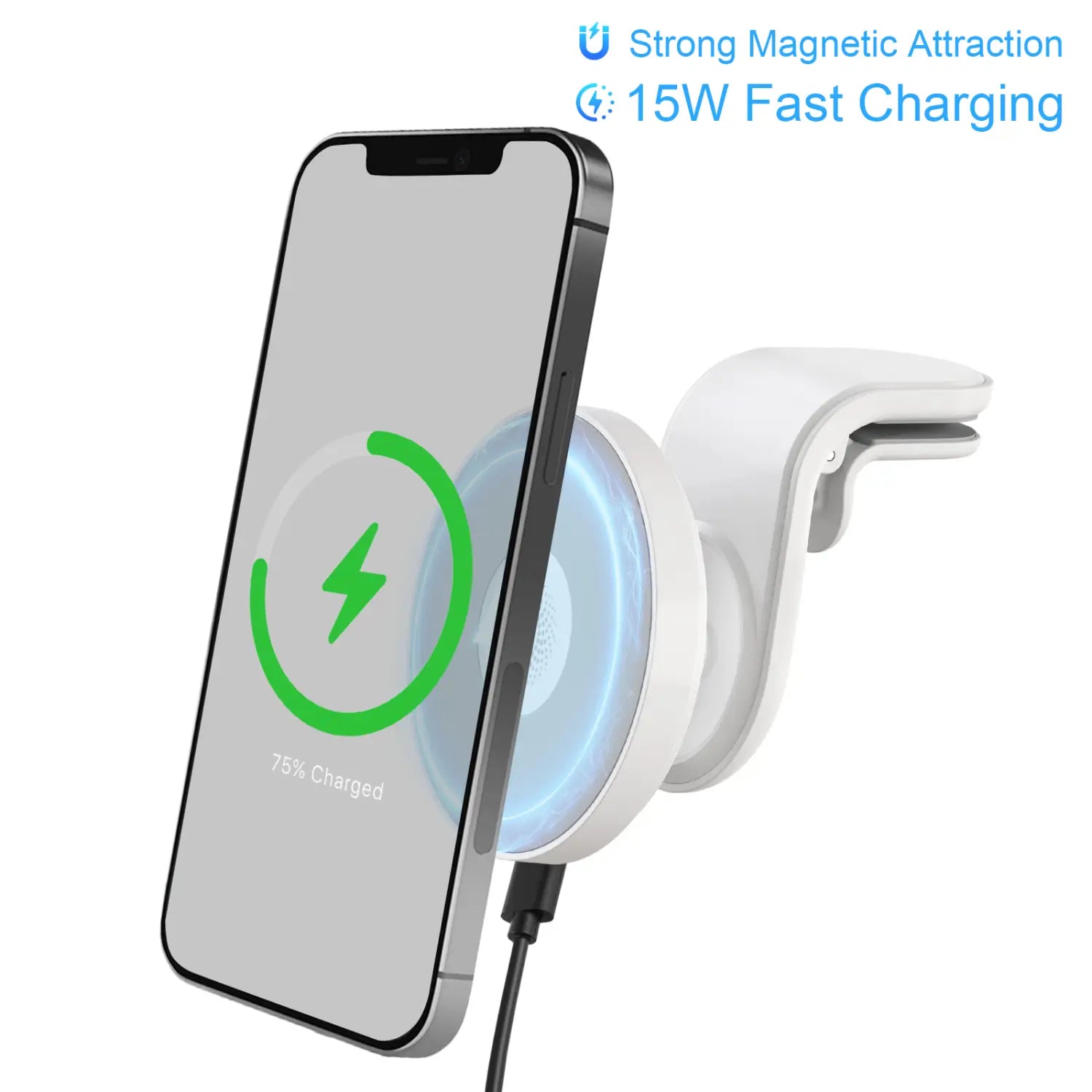 White magnetic car mount wireless charger with 15w fast charging capability designed for use as a car wireless charger.