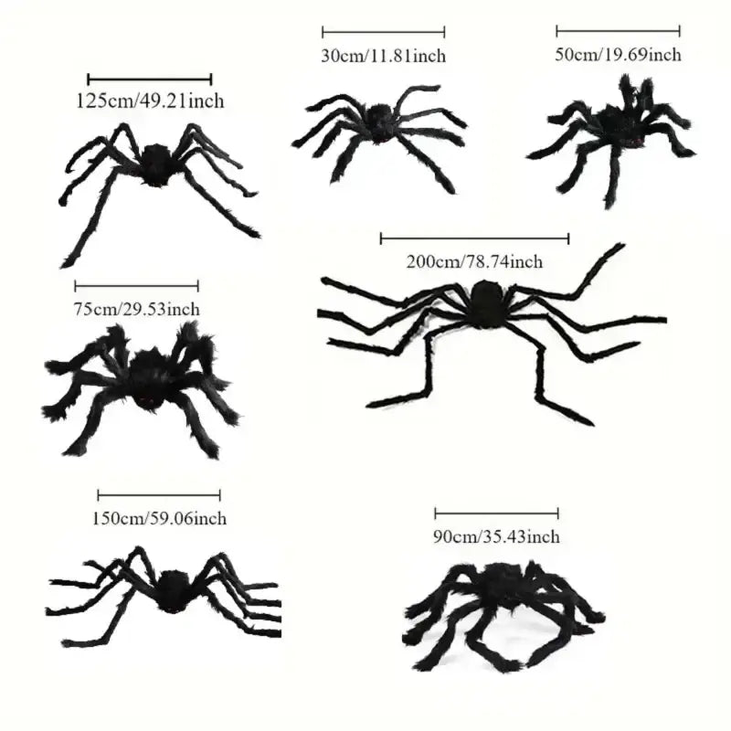 Black fuzzy fake spiders in various sizes displayed on a giant round spider web for halloween decorations