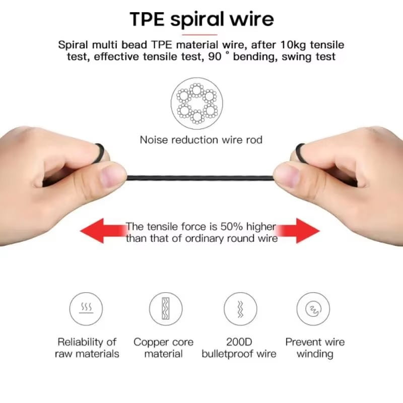 Black tpe spiral wire with a multi-bead design featuring a copper core and bulletproof construction for wired gaming earbuds with mic for mobile and console.