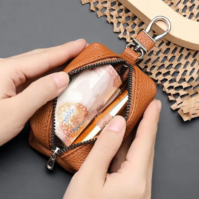 Leather Car Key Wallet Double Zipper Fashion 1Pcs Slim Key Holder Keychain Case Perfect for Travel Commute