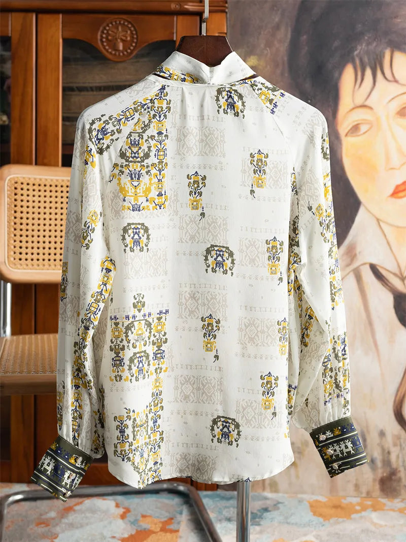 Women's Chiffon Blouses And Shirt Summer Tops Elegant Bow-tie Long Sleeve Casual Blouse Elegant OL Workwear Vintage Print Blusas