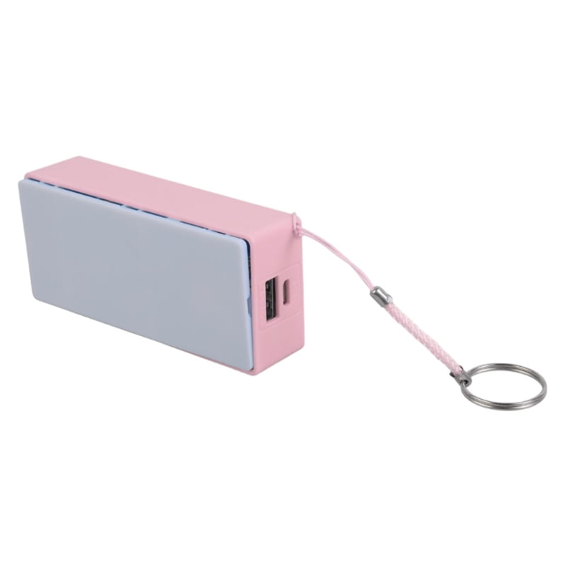 Banco de energía portátil tipo bricolaje de dos tonos en rosa y gris claro para batería 18650 con un accesorio de llavero.