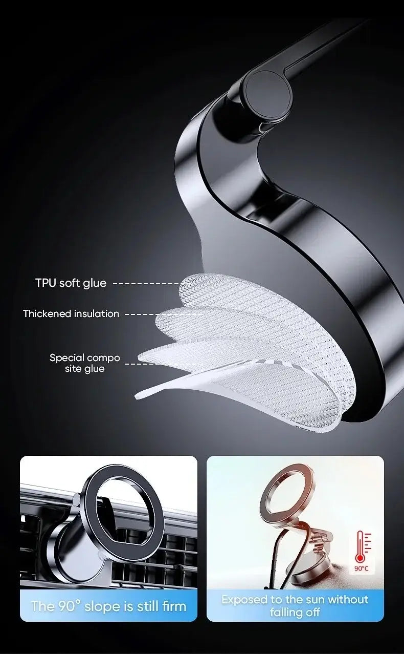chrome-finished aluminum alloy phone holder with a sleek curved design and adhesive backing for secure attachment to car air vents.