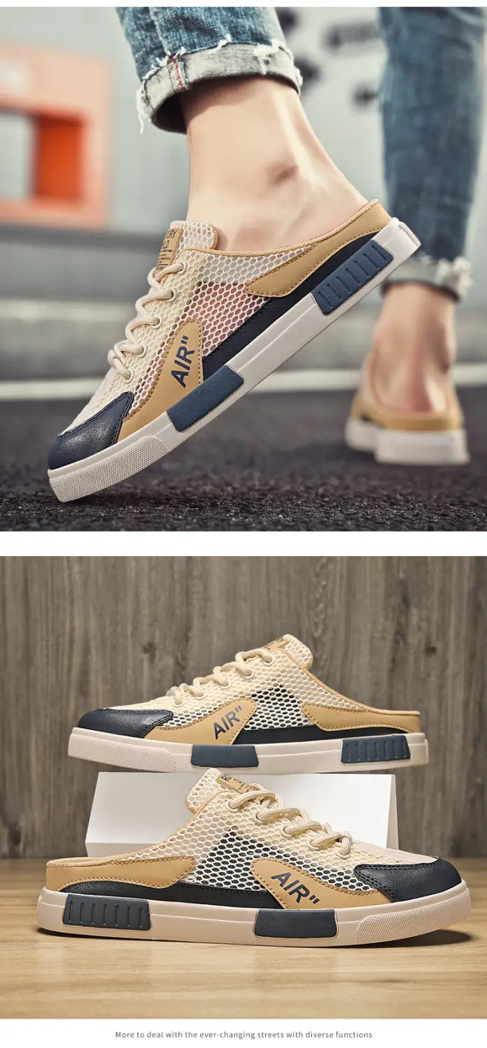 Baskets de marche décontractées pour hommes en mesh respirant beige et bleu marine à enfiler, avec semelles blanches et marquage « air », conçues pour un port de chaussures plates décontractées.