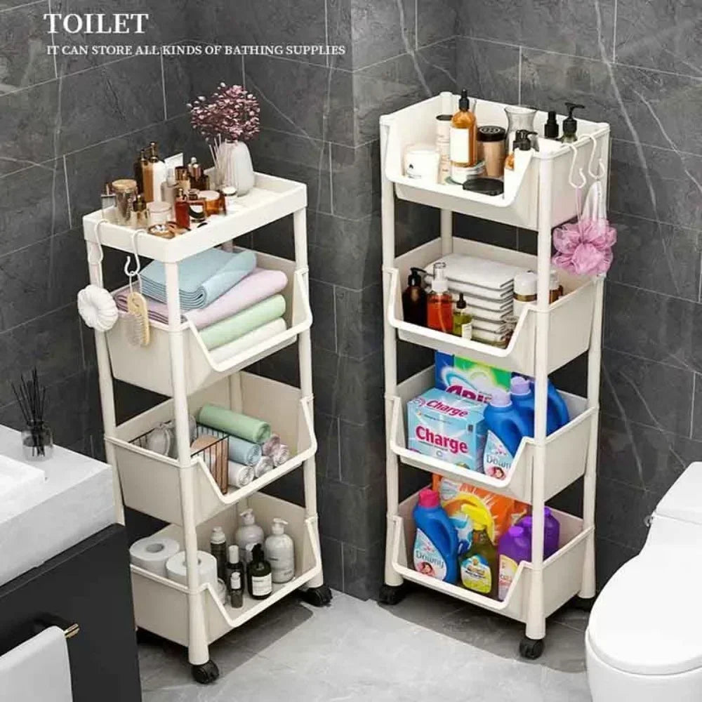 5-Tier Storage Rack - Kids Toy Organizer, Kitchen Snack Rack, Movable Shelf with Side Hooks for Home Organization & Storage