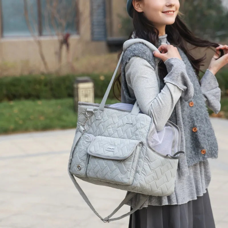Portable Pet Carrier Bag for Outdoor WalkingBag Breathable Mesh Cat Travel Tote Bag Quilted Pet Handbag for Small Medium Cats