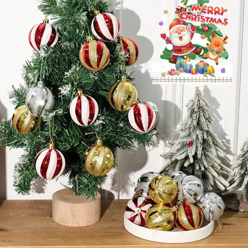 festive red white and gold striped glass christmas ball ornaments hanging on a decorated christmas tree from a set of 6 measuring 6cm each