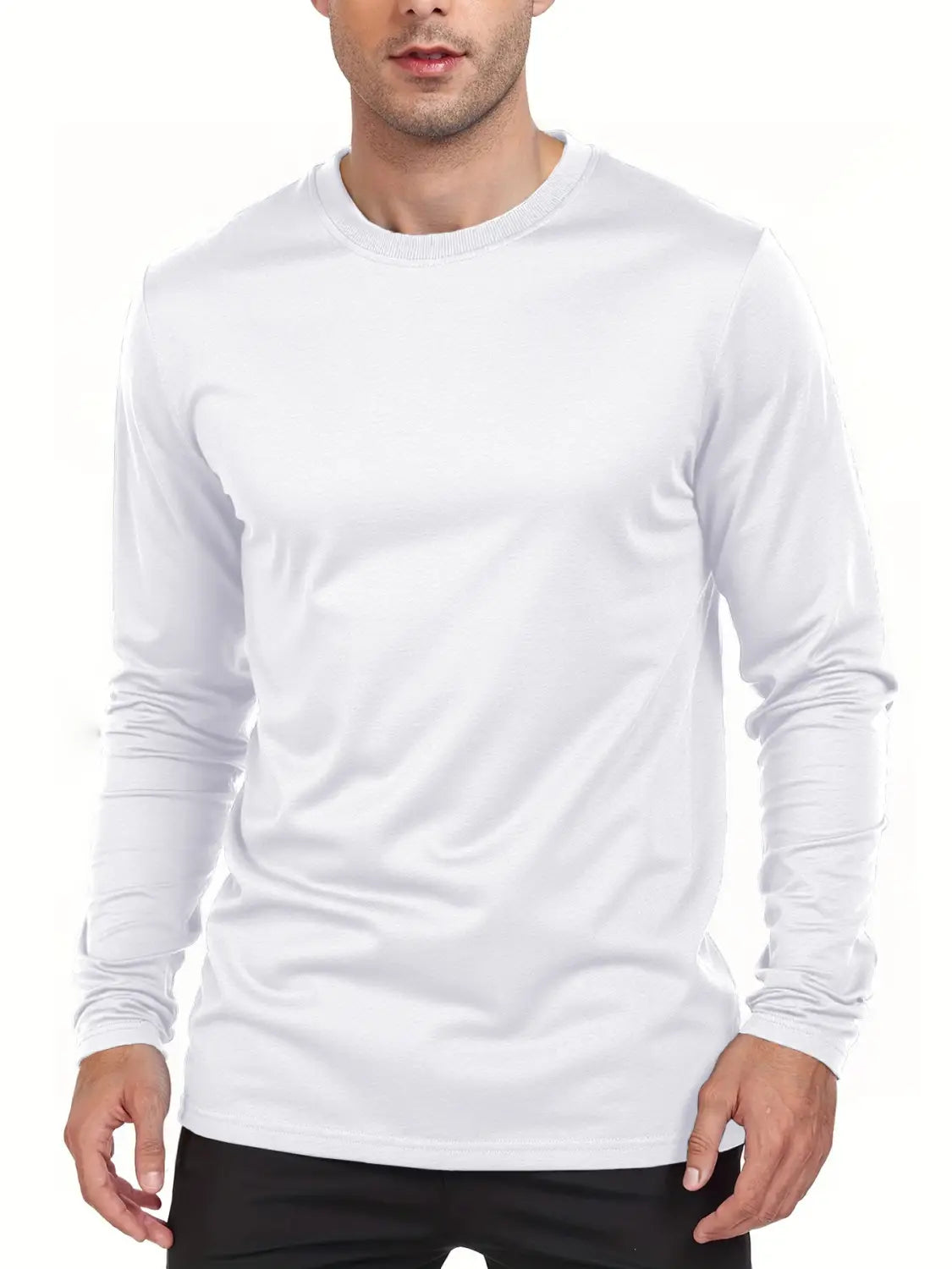 T-shirt à manches longues col rond à évacuation de l’humidité pour hommes, blanc, en tissu lisse, léger.