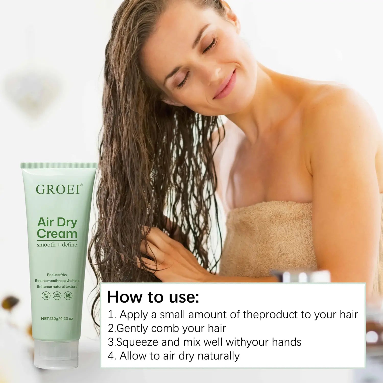 Un tubo verde claro de la crema para el peinado del cabello Groei con una fórmula nutritiva y tapa blanca, con texto negro que detalla sus beneficios de suavizado y definición para el cabello, en un producto de crema de secado al aire de 120 g.