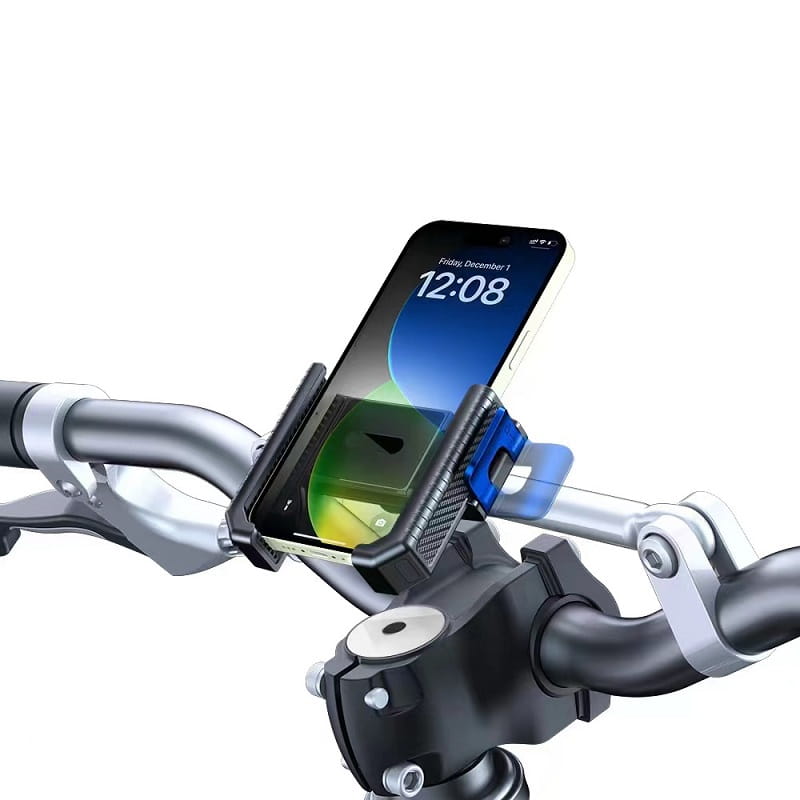 Soporte para teléfono de motocicleta negro y azul, fabricado con material resistente, que sujeta un teléfono inteligente para el uso universal de GPS para manillar.