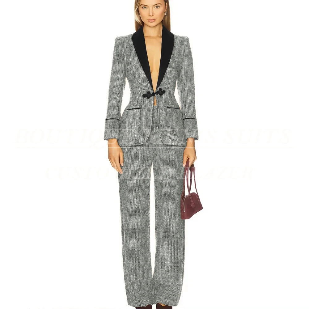 Formal Women's Suits Tweed Single Button Shawl Lapel Slim Fit 2 Piece Jacket Pants Luxury Office Lady Female Clothing Outfits
