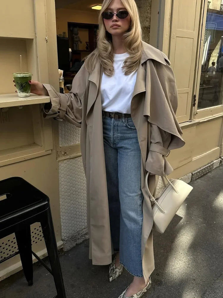 Women Casual Lace Up Long Trench Coat Chic Solid Color Full Sleeve Lapel Windbreaker 2025 New Fashion Loose Commute Jackets