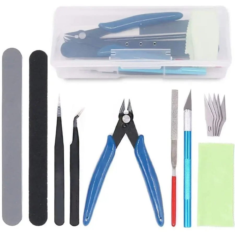 Blue-handled precision pliers with black metal jaws and a silver pivot point from a model tool set for hobby craft assembly.