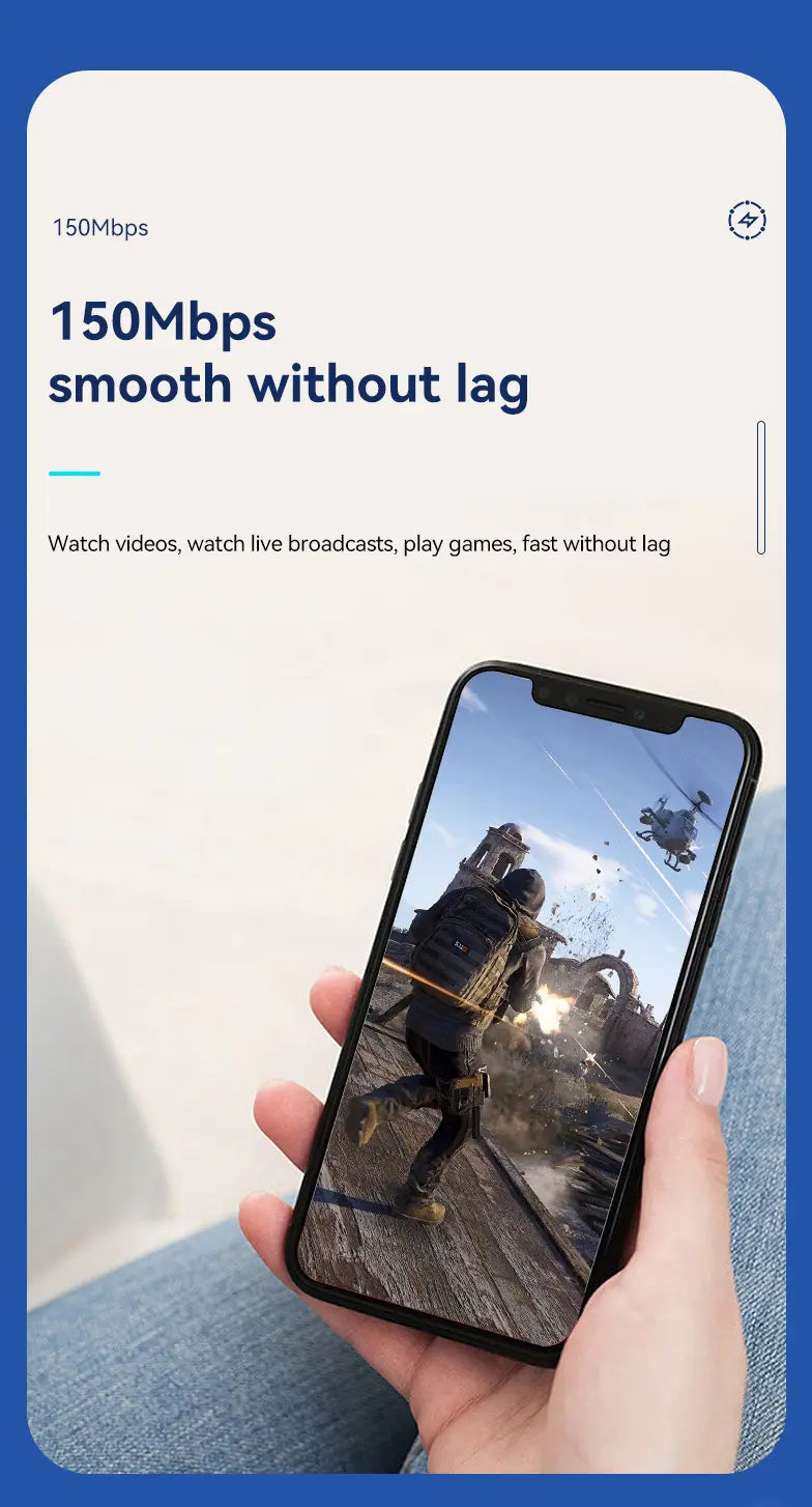 Schwarze LTE-Powerbank mit 10.000 mAh für das externe Laden eines WLAN-Routers; zeigt ein Smartphone mit dem Text „Videospiel“ und „150 Mbit/s“ darüber.