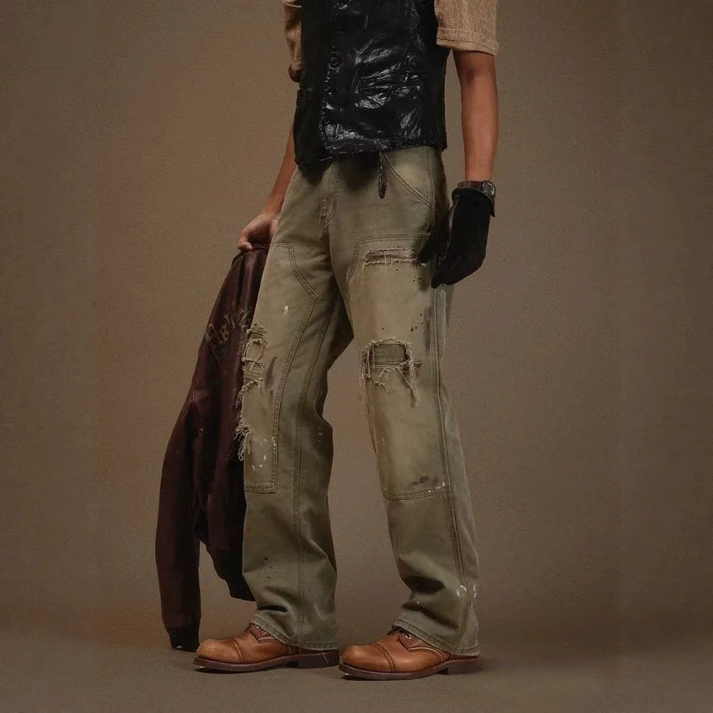 2026 New Men's Denim Trousers Trendy High Street Heavy Holes Old Loose Retro Straight Pants