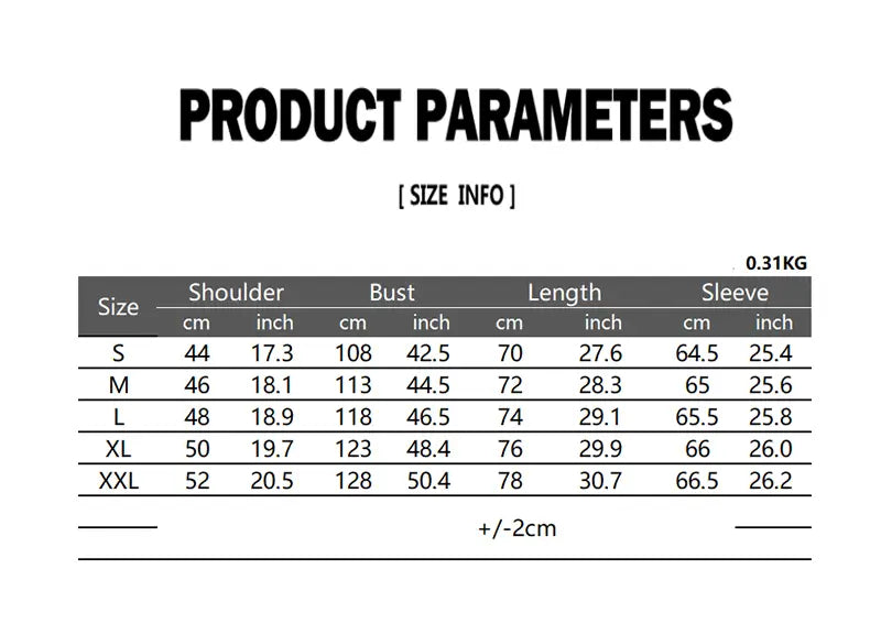 Black text on white background displaying product size measurements in centimeters and inches for sizes s through xxl of men asymmetrical slant collar long sleeve casual shirt.