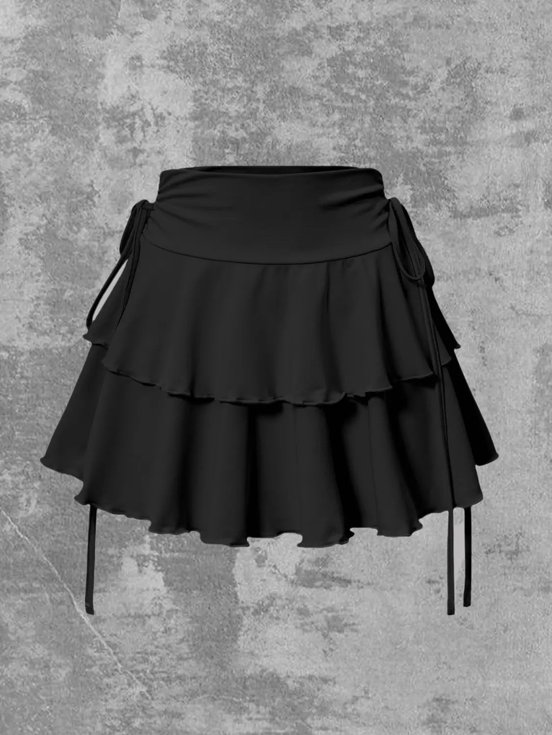 Black high waist ruffle mini skirt in black featuring tiered ruffles and side ties for a stylish look.