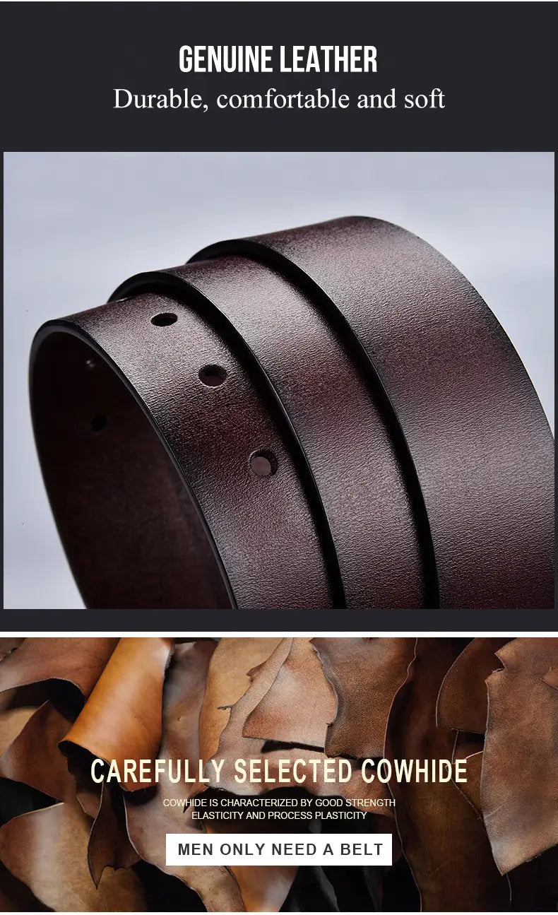 Sangle de luxe vintage en ceinture en cuir pour hommes avec boucle à ardillon, en cuir véritable marron foncé, finition lisse et durable, ainsi que des trous uniformément espacés pour un ajustement de taille.