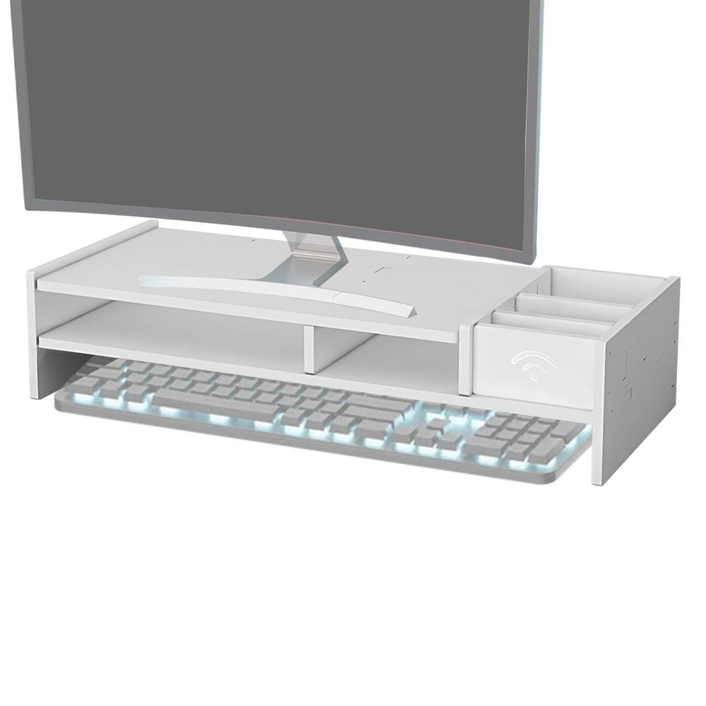 Elevador de monitor de plástico blanco de tres niveles y estantería organizadora para escritorio con bandeja de teclado integrada y organizador de cajón para uso sobre el escritorio
