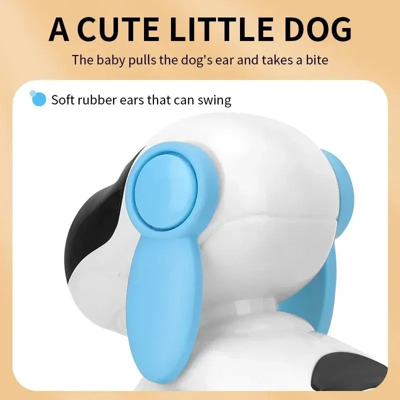 柔らかな青色のゴム製の揺れる耳を備えた、白色と黒色のロボット電子犬のぬいぐるみおもちゃ。犬のスタント歩行およびリモコンによるダンス用に設計されています。