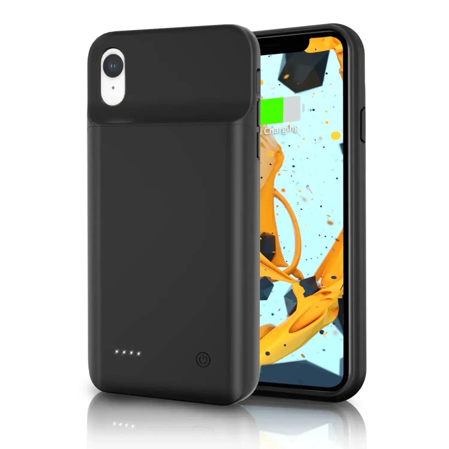 Étui chargeur de batterie iPhone XR noir avec finitions mates élégantes et port de charge intégré, présenté depuis l’arrière.