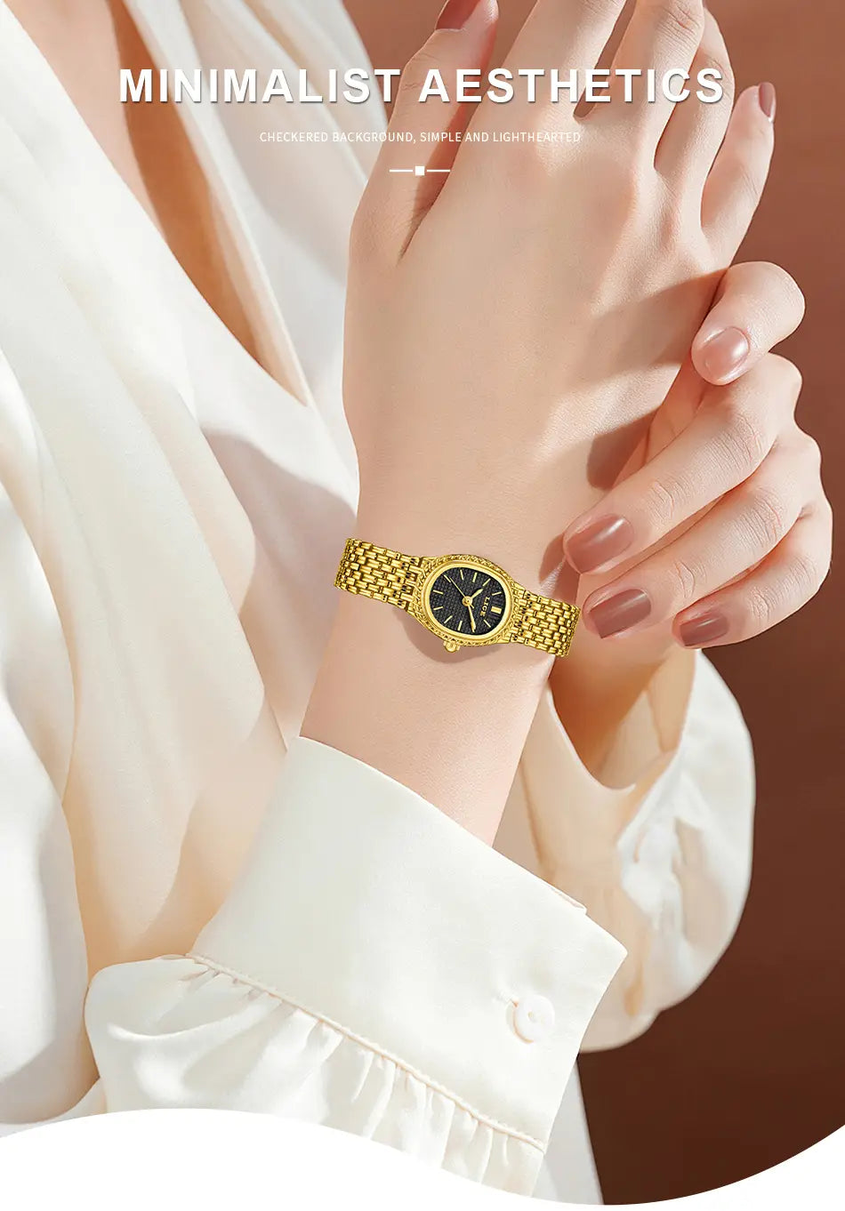 Lige women gold quartz watch featuring a gold-toned mesh bracelet with a black dial and gold-tone hands.