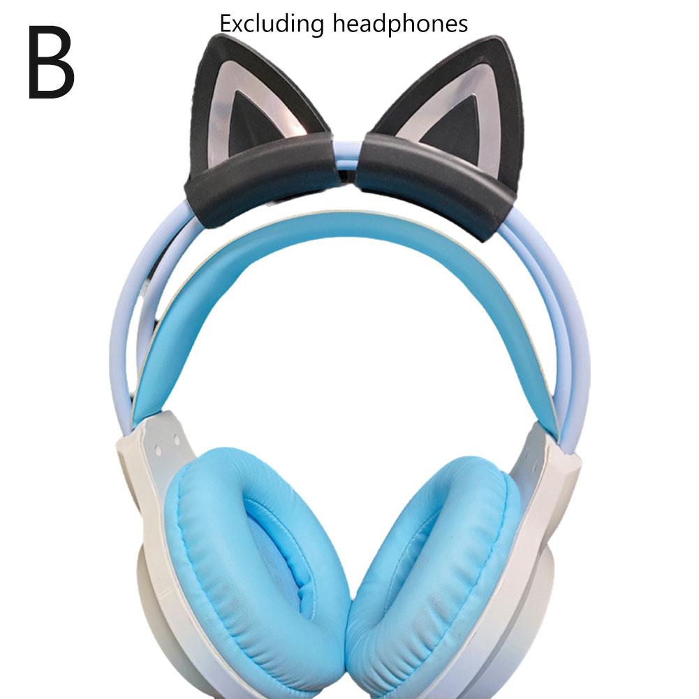 Casques supra-auriculaires bleu clair et blanc avec des attaches d’oreilles de chat en silicone noir sur l’arceau.