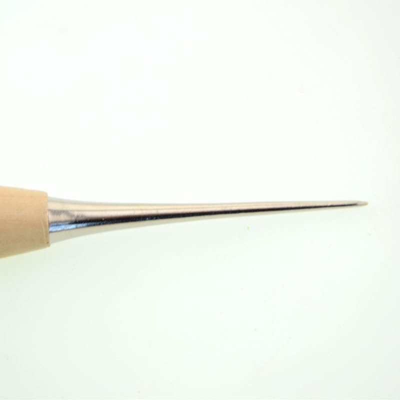 Leather sewing awl with a slender metallic needle and a light beige wooden handle for craft punching.