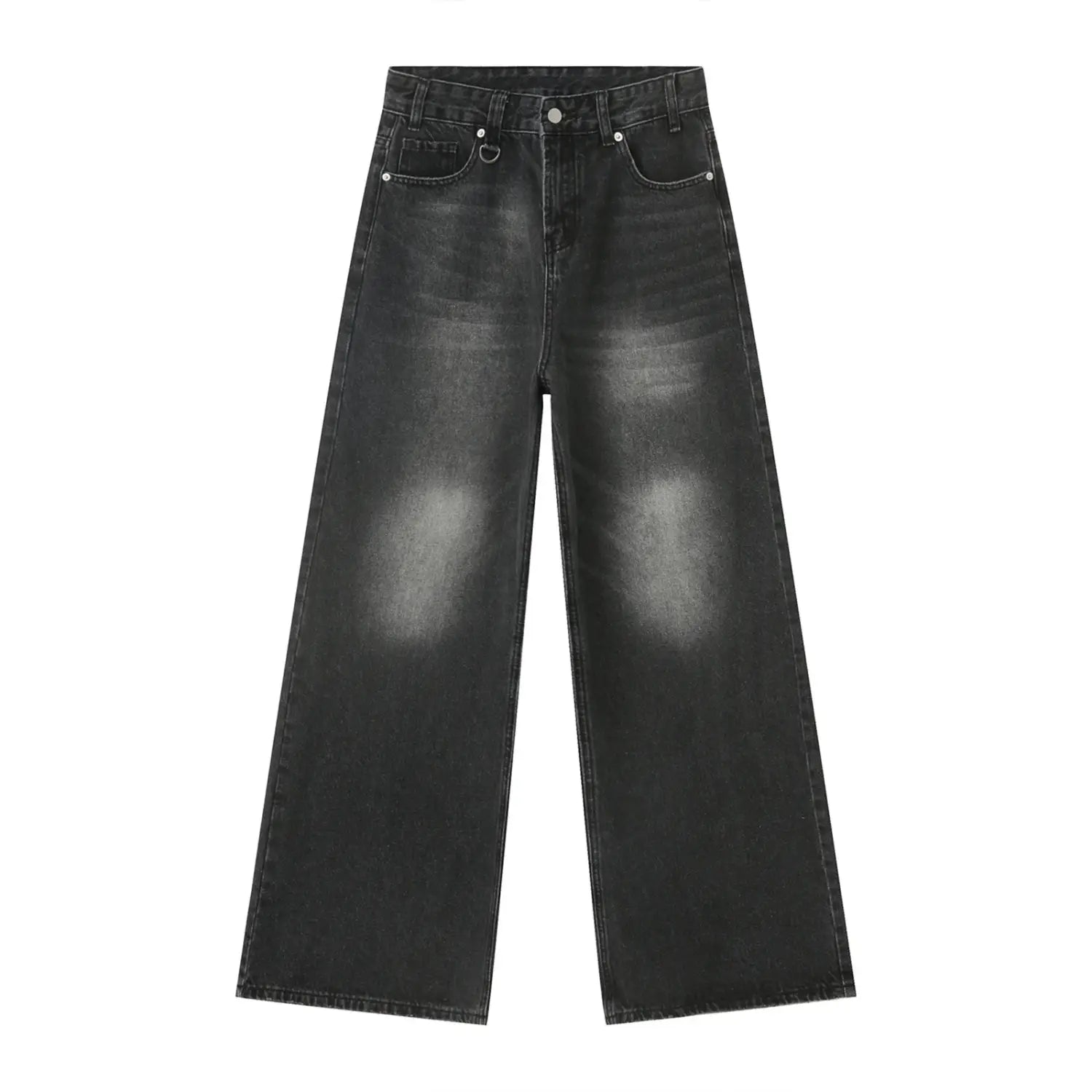 Men’s vintage wide leg baggy denim jeans in black with a faded distressed look and silver toned hardware.