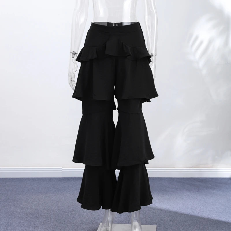Chic Women Multi Layer Ruffle Flare Pants Wide Leg High Waist Long Trousers 2026 Autumn Lady All-matching Gothic Y2K Streetwear