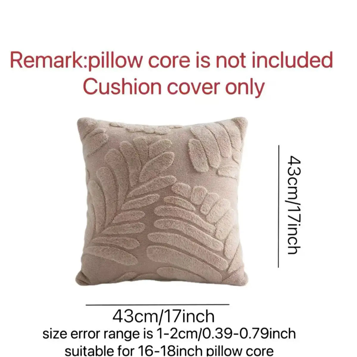 Beige plush throw pillow cover with raised leaf embroidery for decorative use.