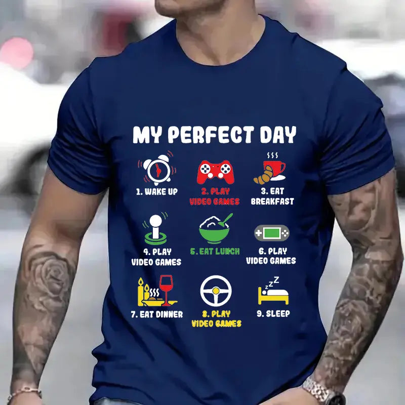 Dunkelblaues kurzärmeliges Baumwoll-T-Shirt für Herren mit einem weißen Grafikdesign eines Gamer-Perfekt-Tag-Plans mit Videospielen, Frühstück, Mittagessen, Abendessen und Schlaf.