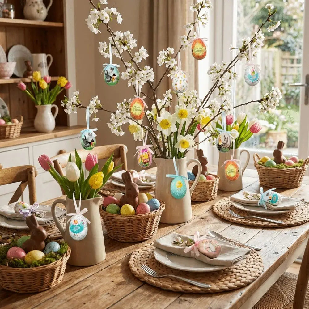 composition centrale thématique de Pâques, avec une branche florifère blanche et des œufs en mousse décorés de couleurs suspendus pour la décoration artisanale florale.