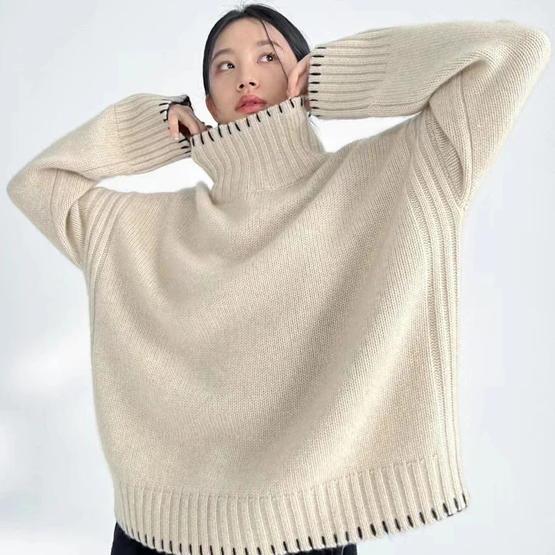 100% Pure Wool Sweater Women's 2025 Autumn and Winter New High Neck Pullover Fashionable Loose Plus Size Warm Knit Top