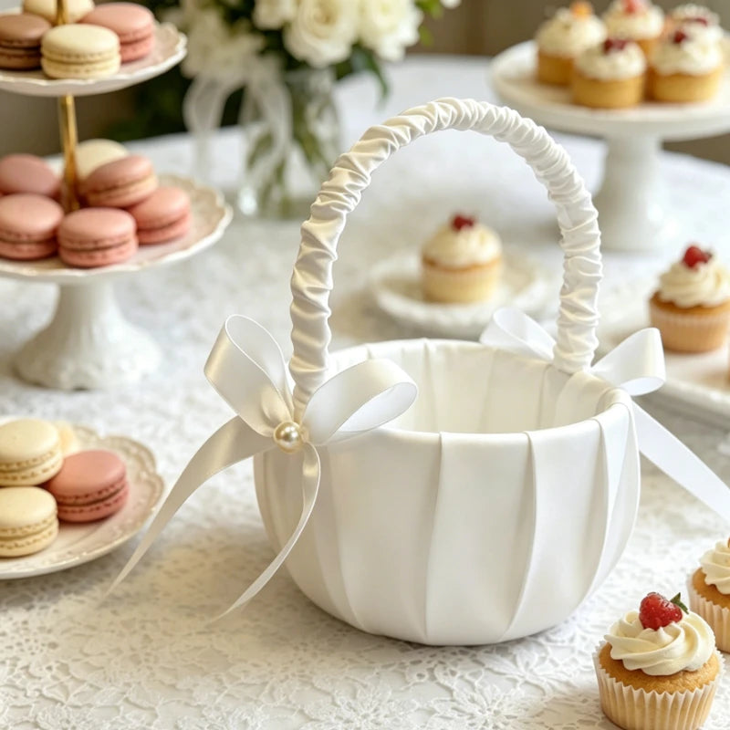 New Wedding Flower Baskets and Ring Pillow Set Bridal White Satin Bow Decor Wedding Decoration Party Supplies Gifts