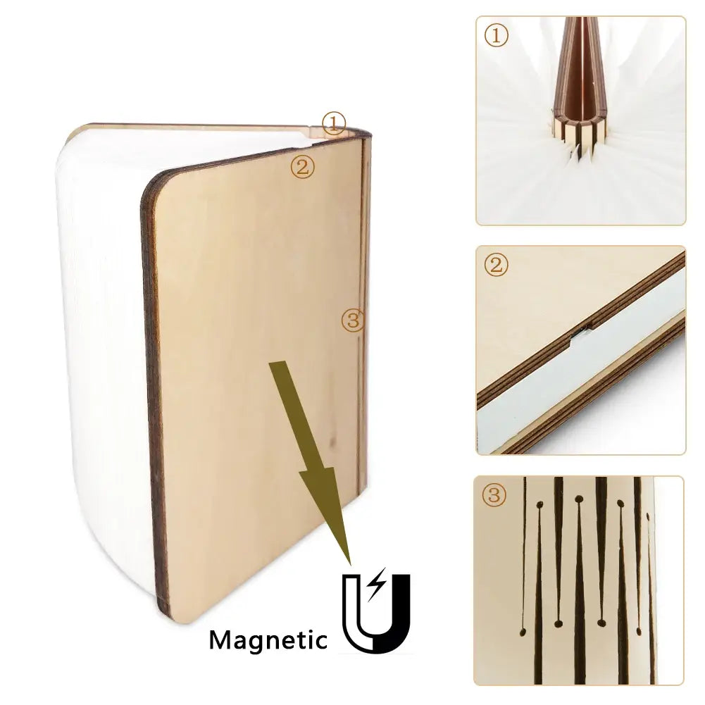 Luz LED plegable con forma de libro con una libreta magnética minimalista y elegante, con una cubierta translúcida color dorado y páginas interiores blancas, vista desde arriba.