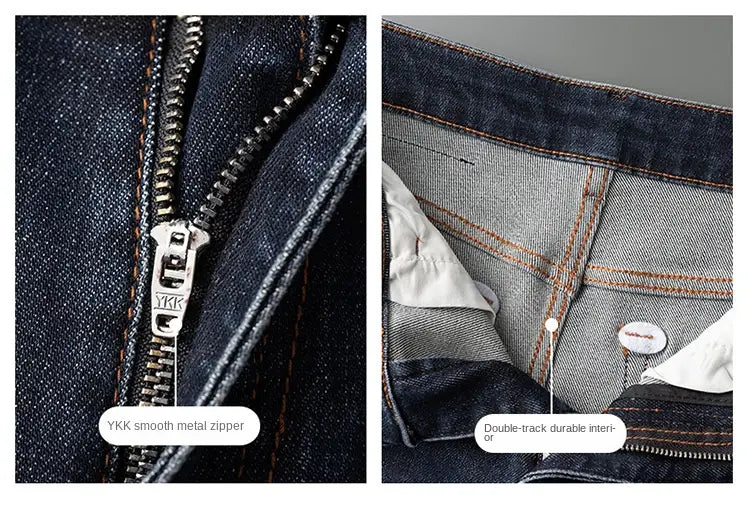 Slim fit dark blue denim jeans for men featuring a ykk smooth metal zipper and double-track durable interior stitching.