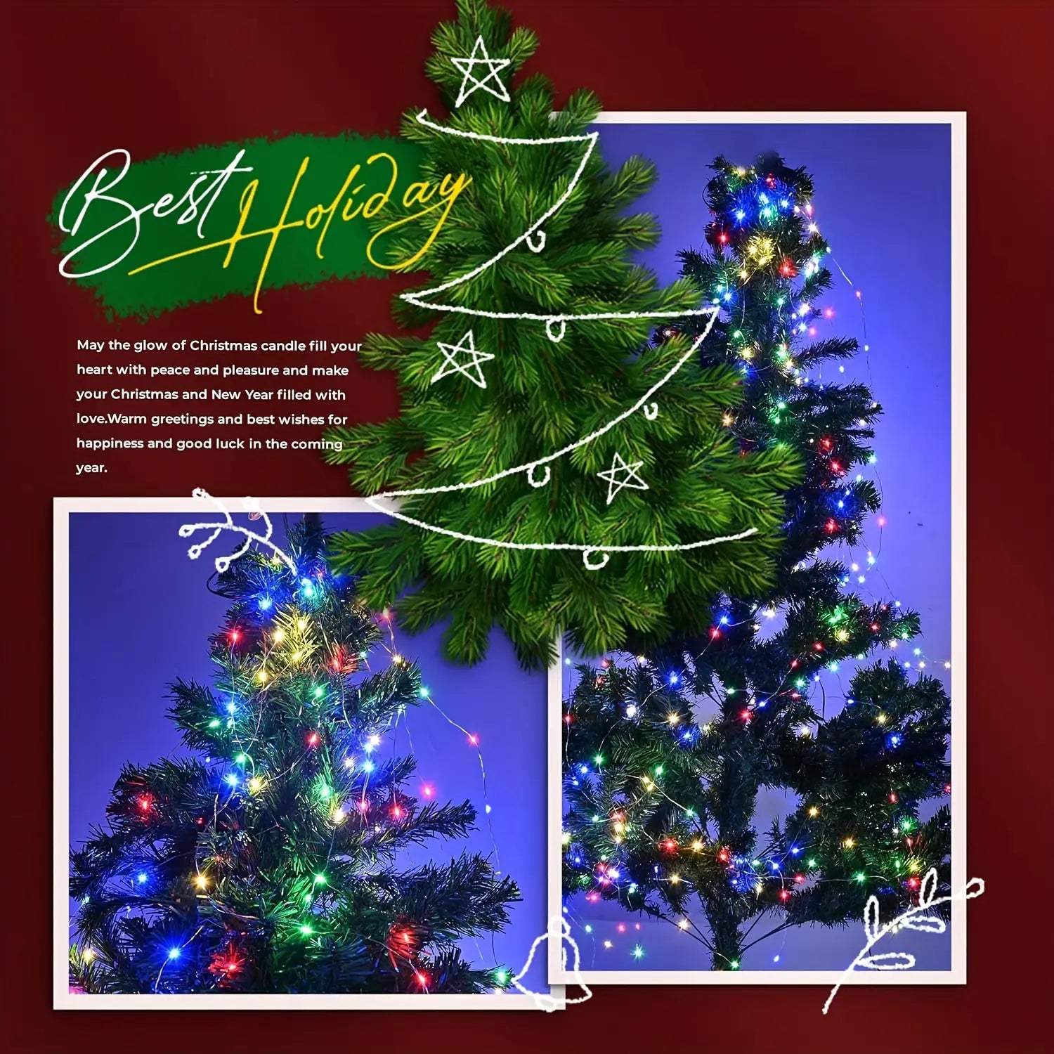 A festive USB Christmas tree decoration light featuring twinkling multi-colored LED lights and white star-shaped ornaments for indoor and outdoor use.