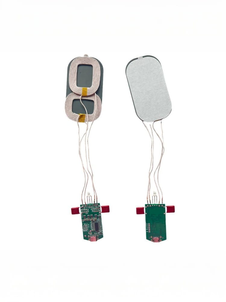 15w dual coil wireless charger pcba module showing silver metallic components and green circuit boards with wireless charging coils.