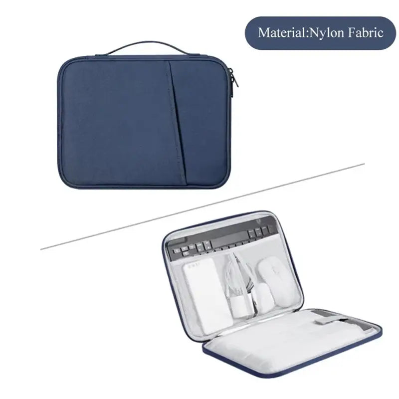 Navy blue nylon fabric laptop sleeve with zippered closure and interior compartments for organizing accessories designed as a padded case for 11 to 13 inch laptops.