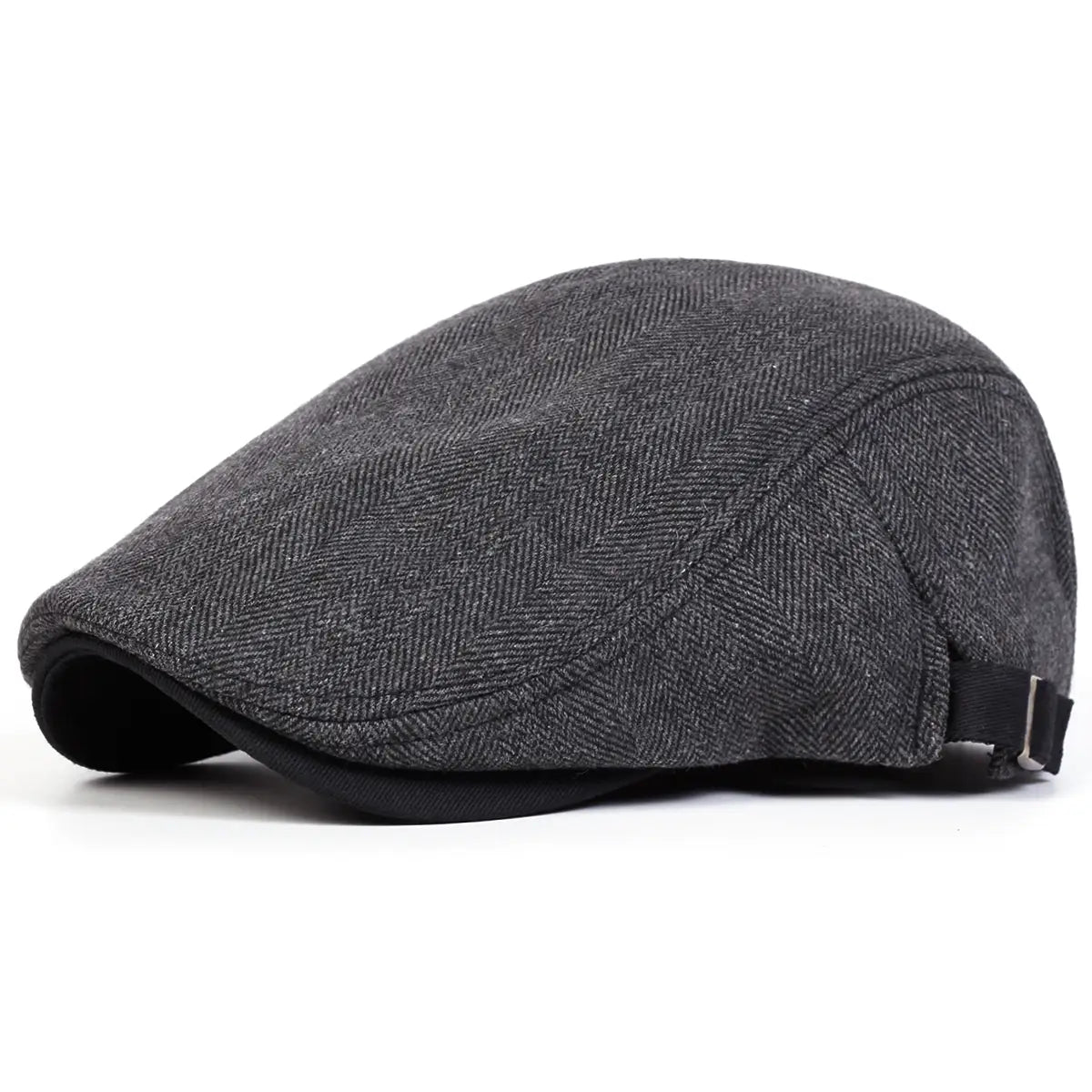 Herren graue Herringbone-Flat-Cap, von der Rückseite gezeigt, mit schwarzem verstellbarem Riemen und Schnalle.